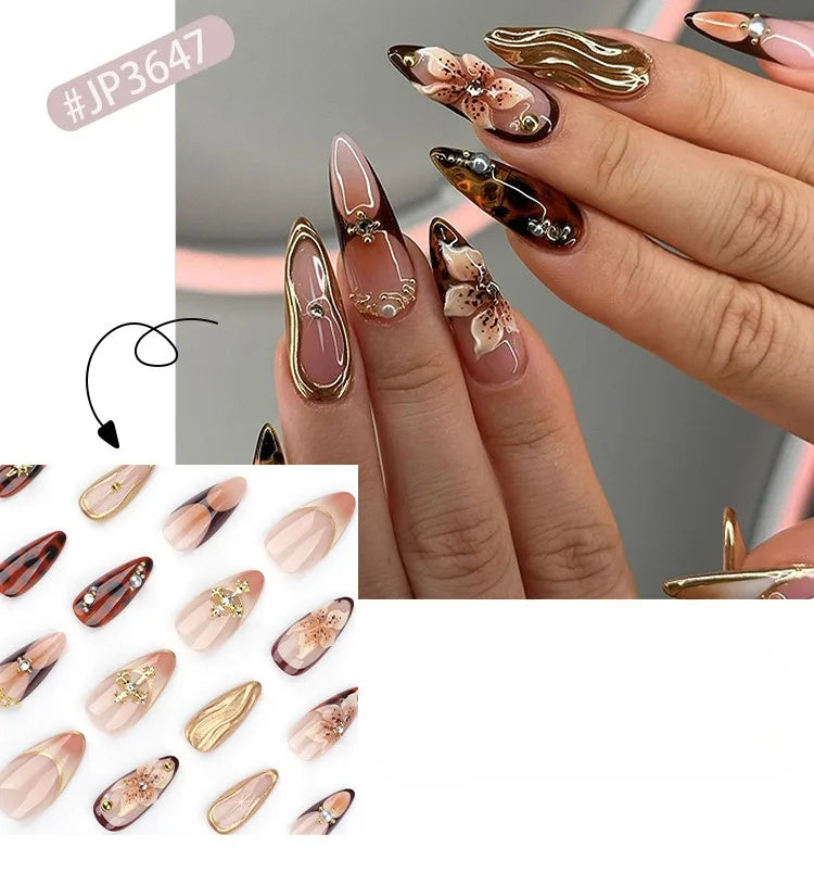 24 Pcs/set Soft Acrylic 3647 3D Flower Maillard Tortoiseshell and Cross Short Almond Shape Press on Nails Artificial Fingernails