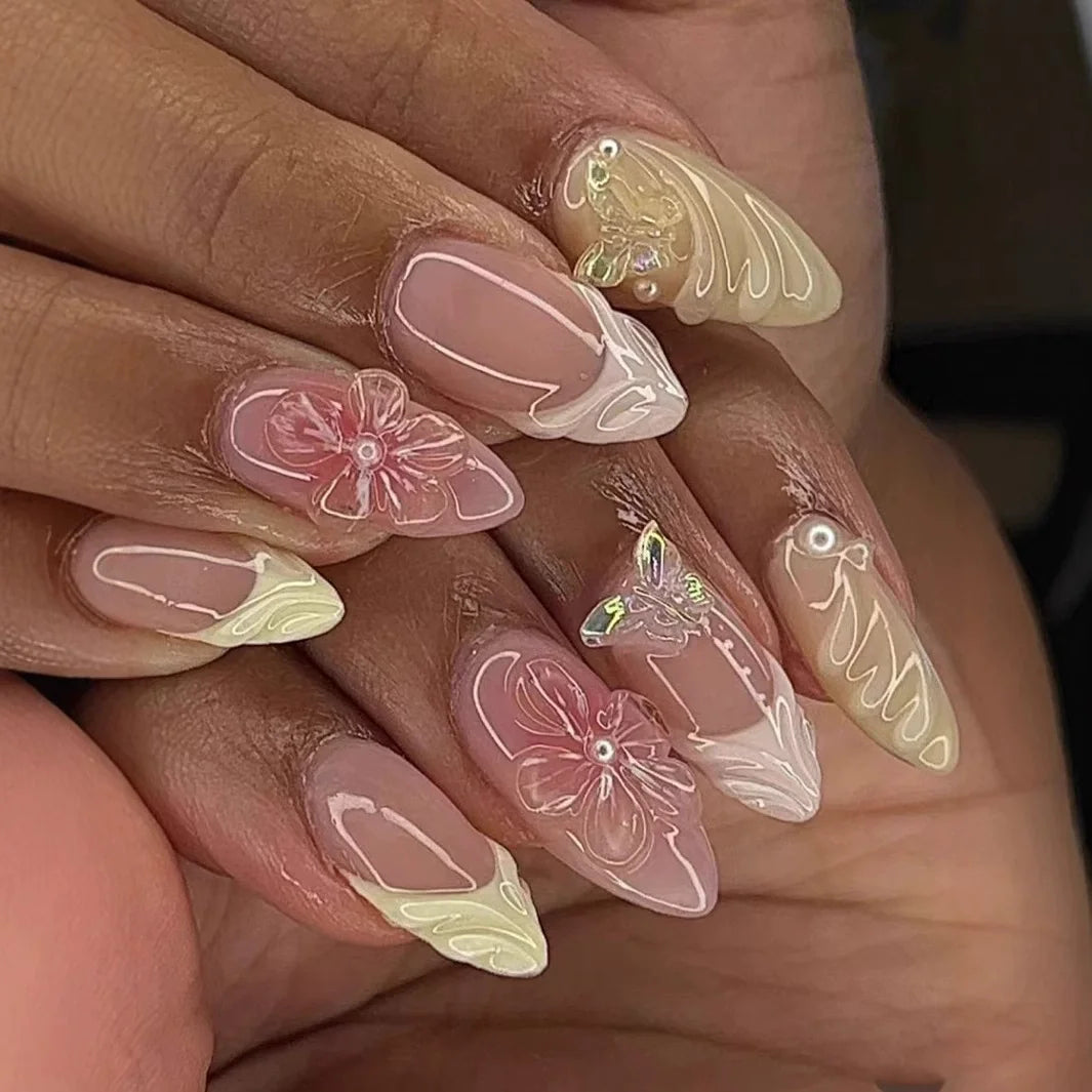 24Pcs Sweet Cool Almond Nail Set Press on Acrylic Nails 3D Floral Butterfly Fake Nail Full Cover French Tip Artificial Nails Art