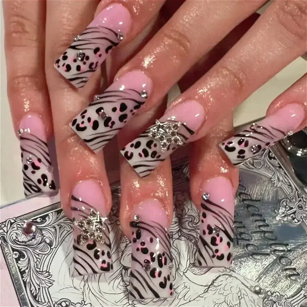 Leopard Print Long Pointed Fake Nails Cherry Flower Star Love Heart Ballet False Nails Art Charms Almond Press on Nails Manicure