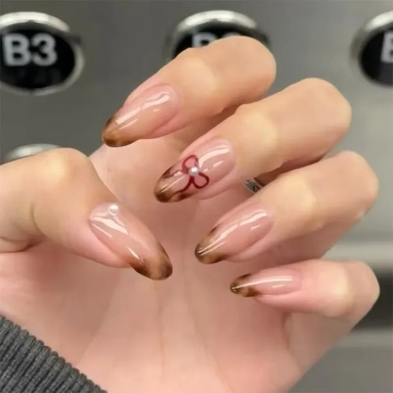 Leopard Print Long Pointed Fake Nails Cherry Flower Star Love Heart Ballet False Nails Art Charms Almond Press on Nails Manicure