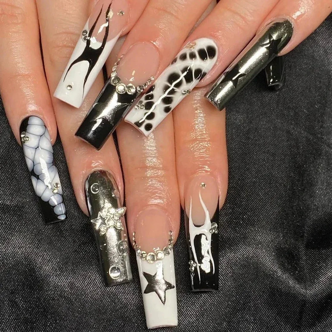Leopard Print Long Pointed Fake Nails Cherry Flower Star Love Heart Ballet False Nails Art Charms Almond Press on Nails Manicure