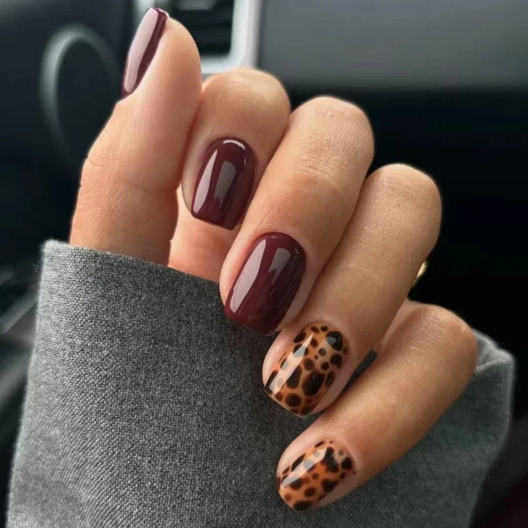 Leopard Print Long Pointed Fake Nails Cherry Flower Star Love Heart Ballet False Nails Art Charms Almond Press on Nails Manicure