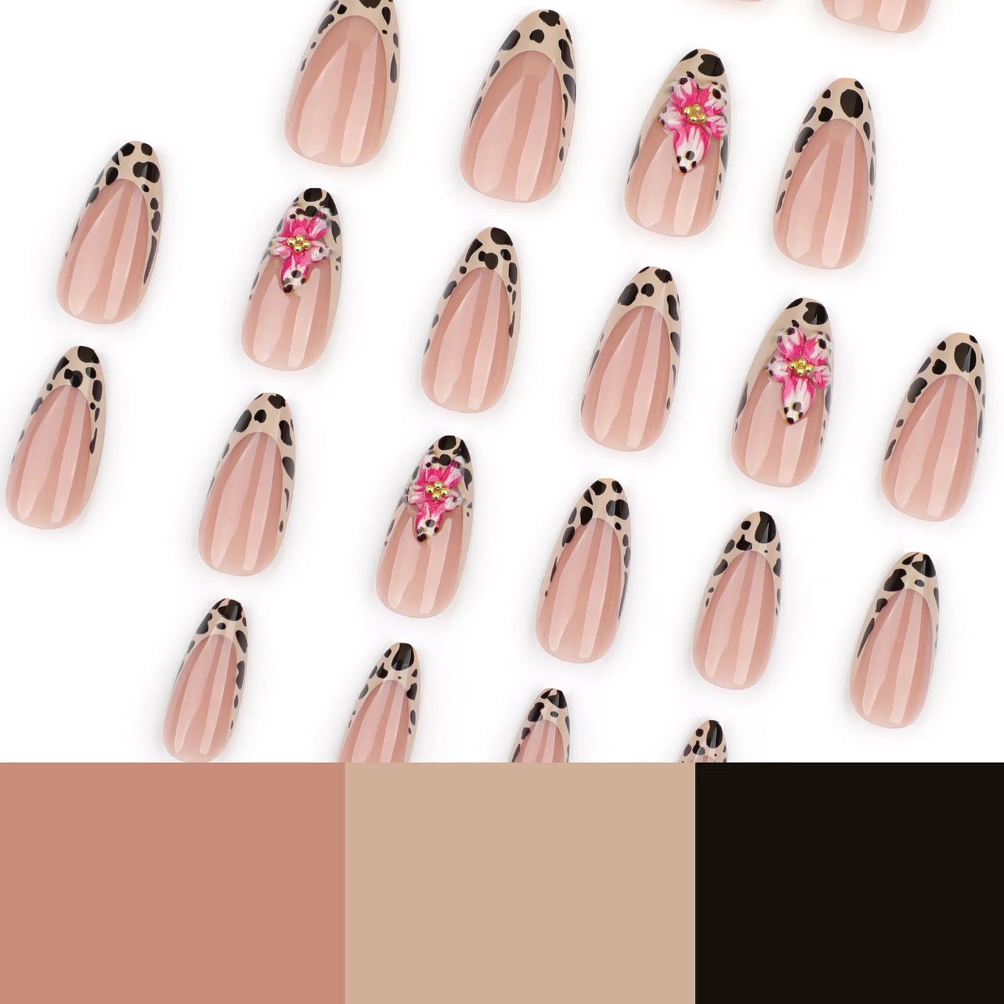 Leopard Print Long Pointed Fake Nails Cherry Flower Star Love Heart Ballet False Nails Art Charms Almond Press on Nails Manicure