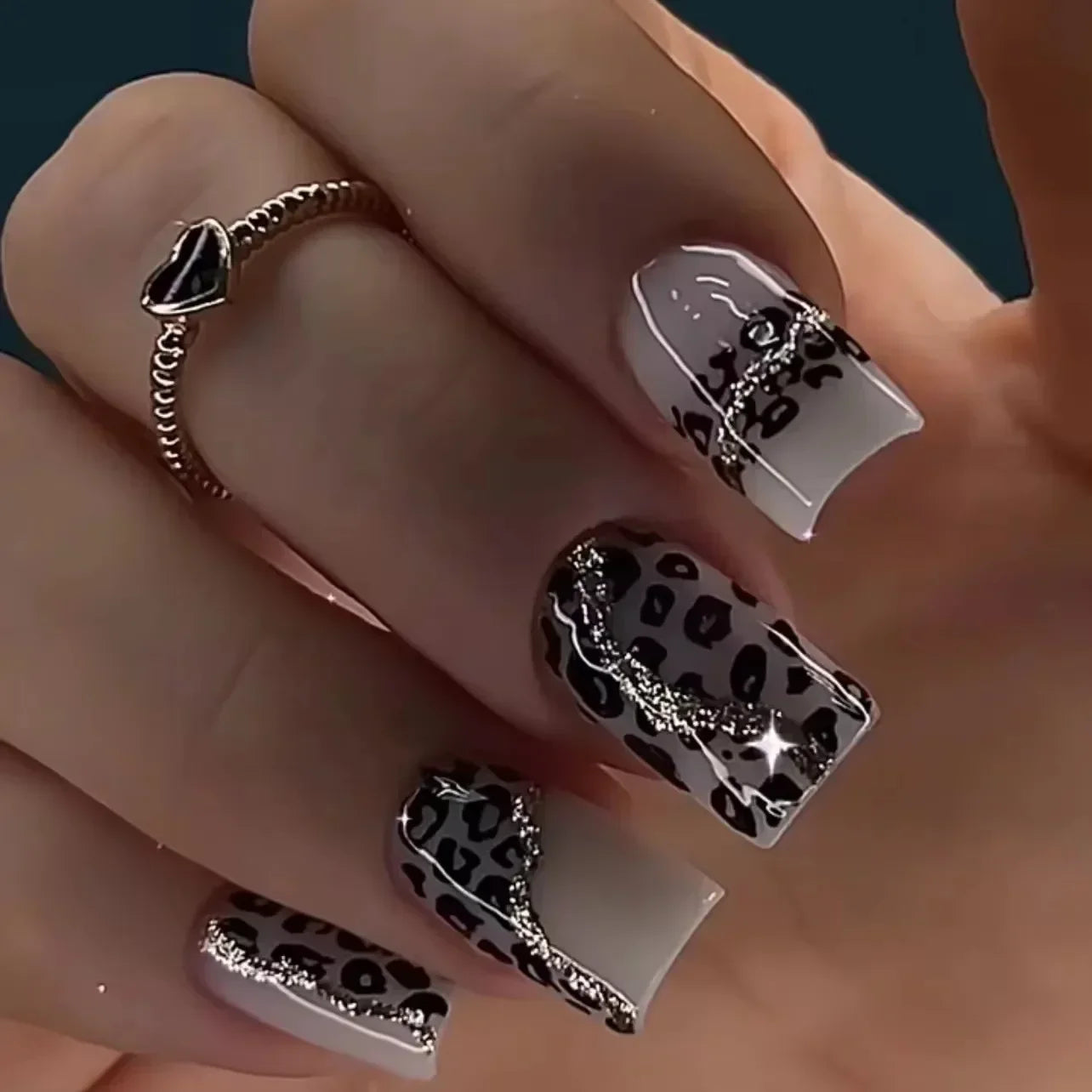 Leopard Print Long Pointed Fake Nails Cherry Flower Star Love Heart Ballet False Nails Art Charms Almond Press on Nails Manicure