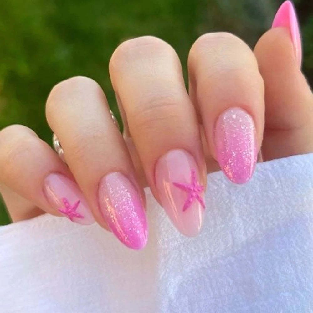 3D Clear Shell Pattern Silver Glitter French Nail Art Summer Fashion False Nails Detachable Finished Fake Nails Press on Nails