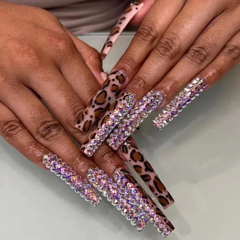 Leopard Print Long Pointed Fake Nails Cherry Flower Star Love Heart Ballet False Nails Art Charms Almond Press on Nails Manicure
