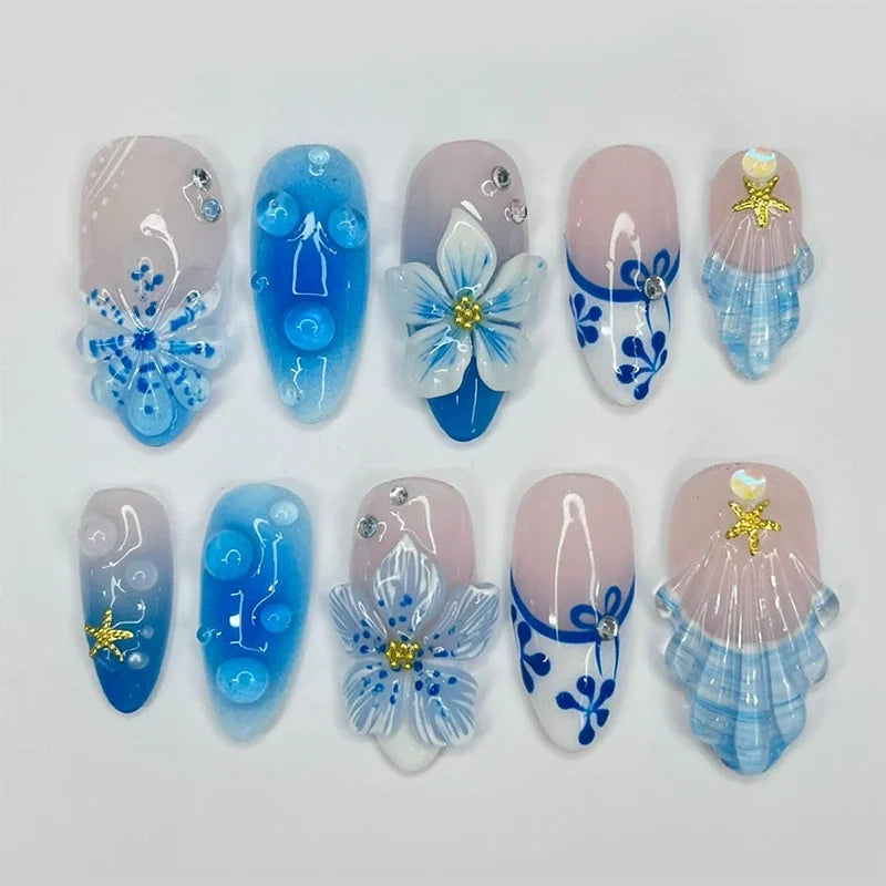 24Pcs Sweet Cool Almond Nail Set Press on Acrylic Nails 3D Floral Butterfly Fake Nail Full Cover French Tip Artificial Nails Art