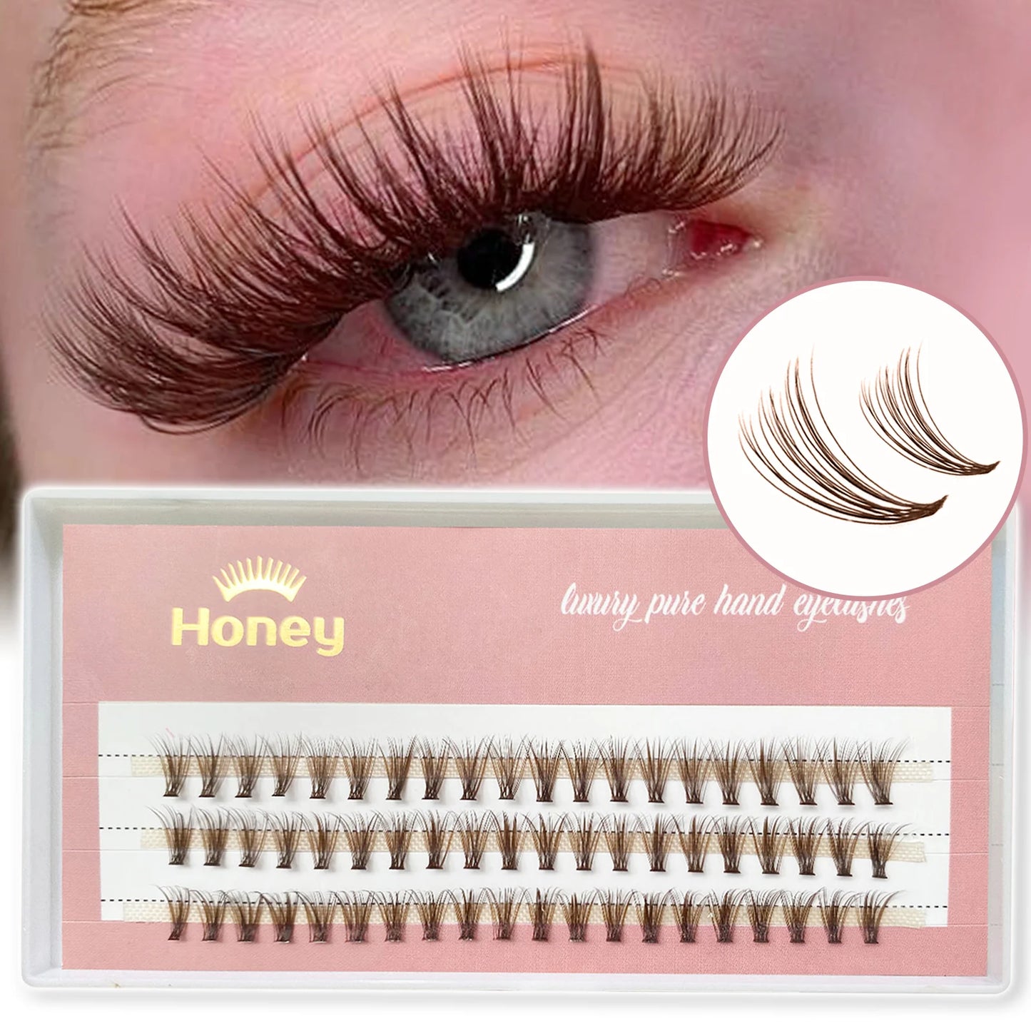 Honey Eyelash 20P Brown Cluster Lashes Extensions DIY Premade Volume Fans Eyelashes