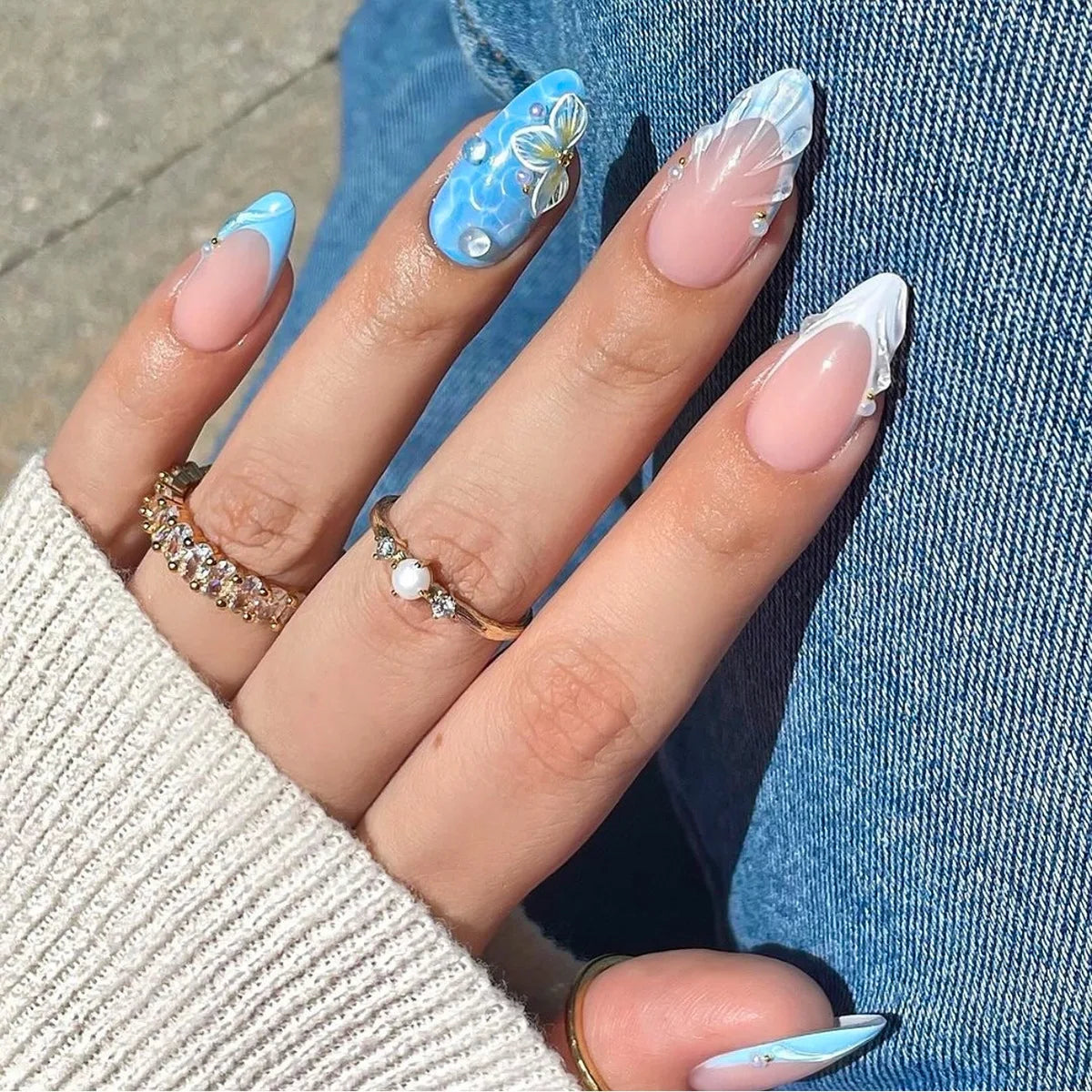 3D Clear Shell Pattern Silver Glitter French Nail Art Summer Fashion False Nails Detachable Finished Fake Nails Press on Nails
