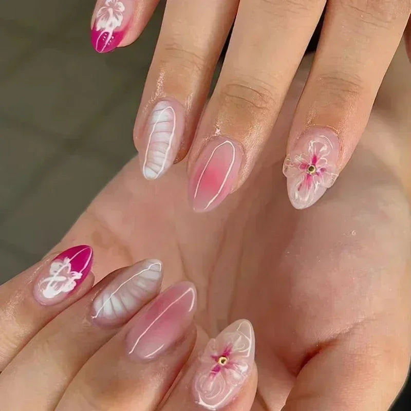 24Pcs Sweet Cool Almond Nail Set Press on Acrylic Nails 3D Floral Butterfly Fake Nail Full Cover French Tip Artificial Nails Art