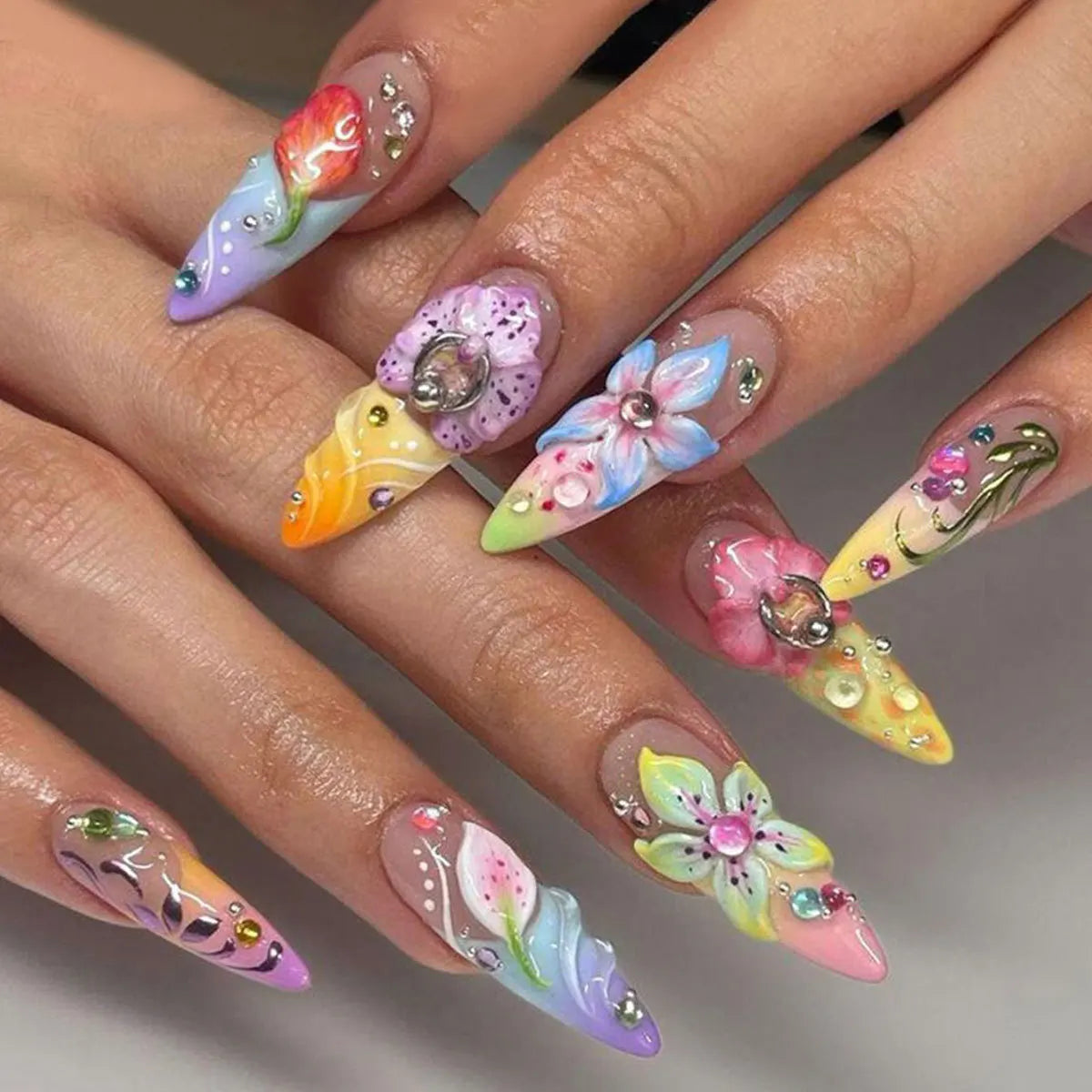 24Pcs Sweet Cool Almond Nail Set Press on Acrylic Nails 3D Floral Butterfly Fake Nail Full Cover French Tip Artificial Nails Art