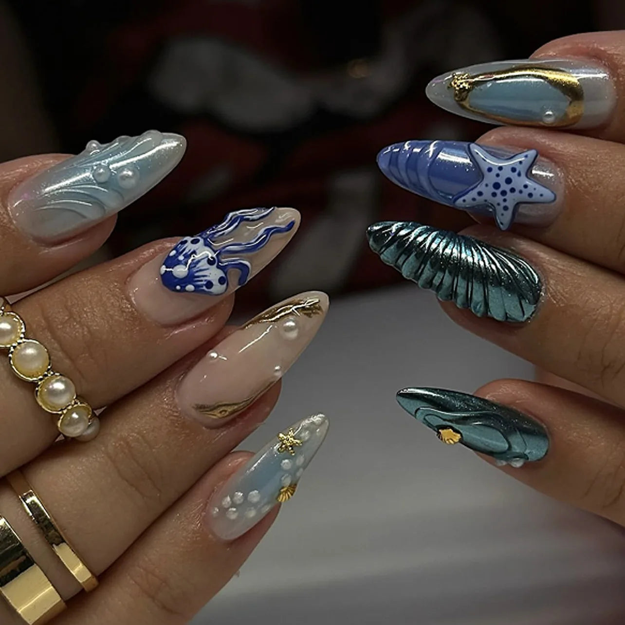 3D Clear Shell Pattern Silver Glitter French Nail Art Summer Fashion False Nails Detachable Finished Fake Nails Press on Nails