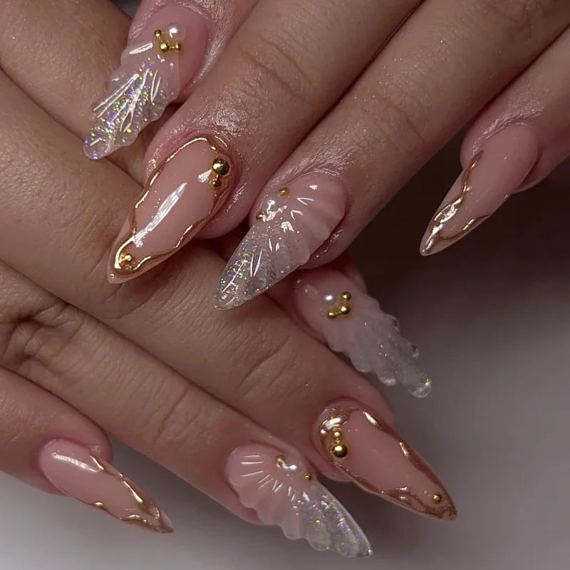 3D Clear Shell Pattern Silver Glitter French Nail Art Summer Fashion False Nails Detachable Finished Fake Nails Press on Nails