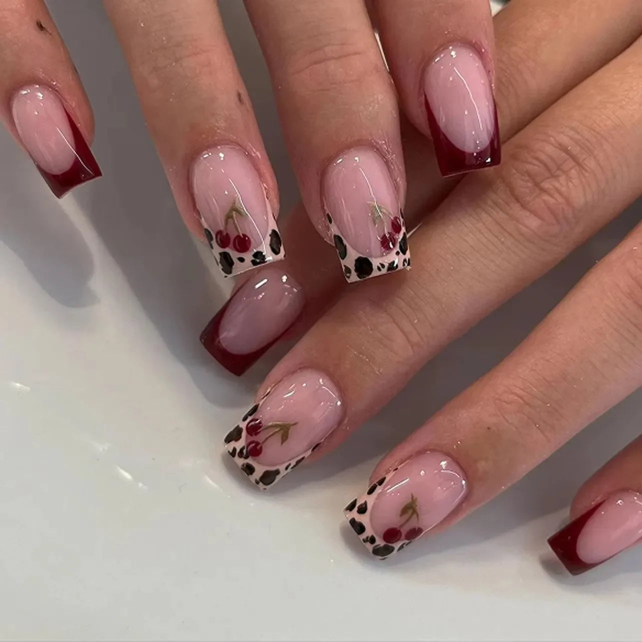 Leopard Print Long Pointed Fake Nails Cherry Flower Star Love Heart Ballet False Nails Art Charms Almond Press on Nails Manicure