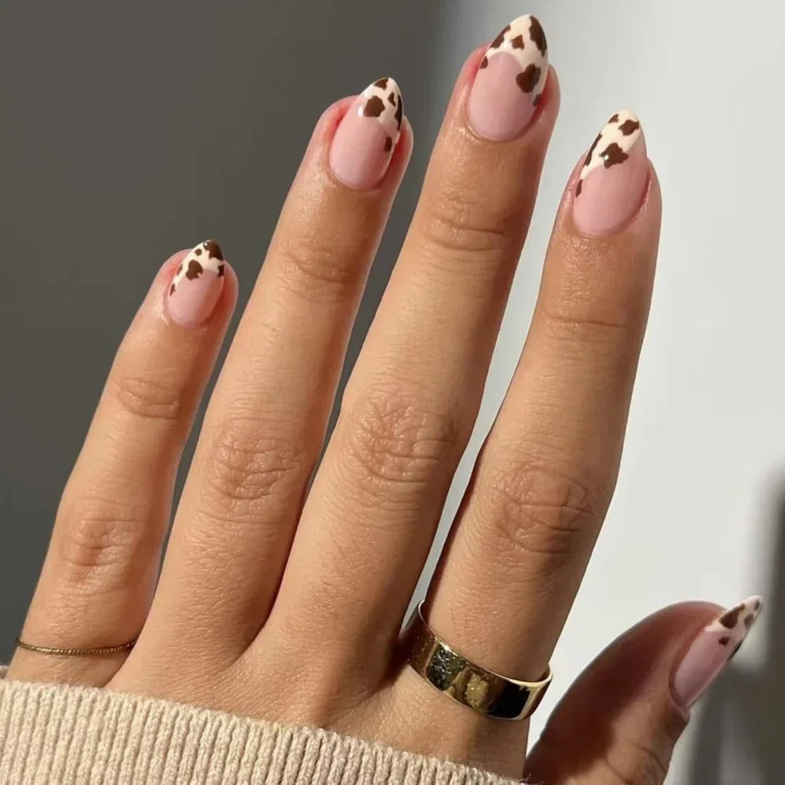 Leopard Print Long Pointed Fake Nails Cherry Flower Star Love Heart Ballet False Nails Art Charms Almond Press on Nails Manicure