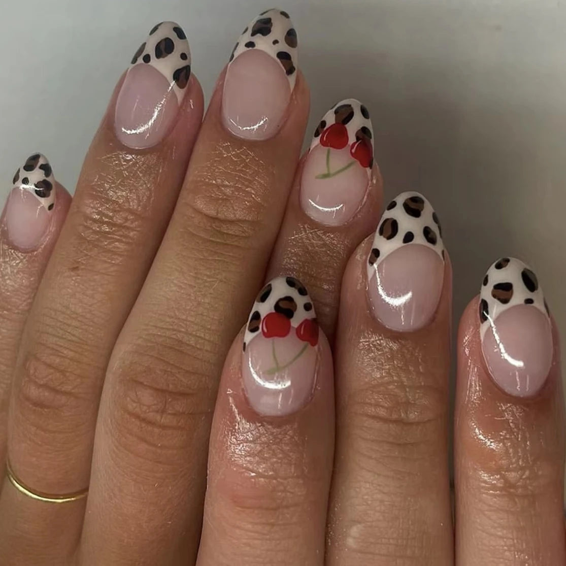 Leopard Print Long Pointed Fake Nails Cherry Flower Star Love Heart Ballet False Nails Art Charms Almond Press on Nails Manicure