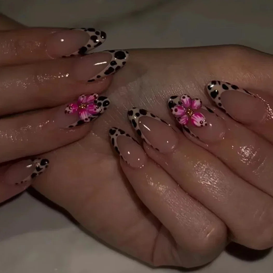 Leopard Print Long Pointed Fake Nails Cherry Flower Star Love Heart Ballet False Nails Art Charms Almond Press on Nails Manicure