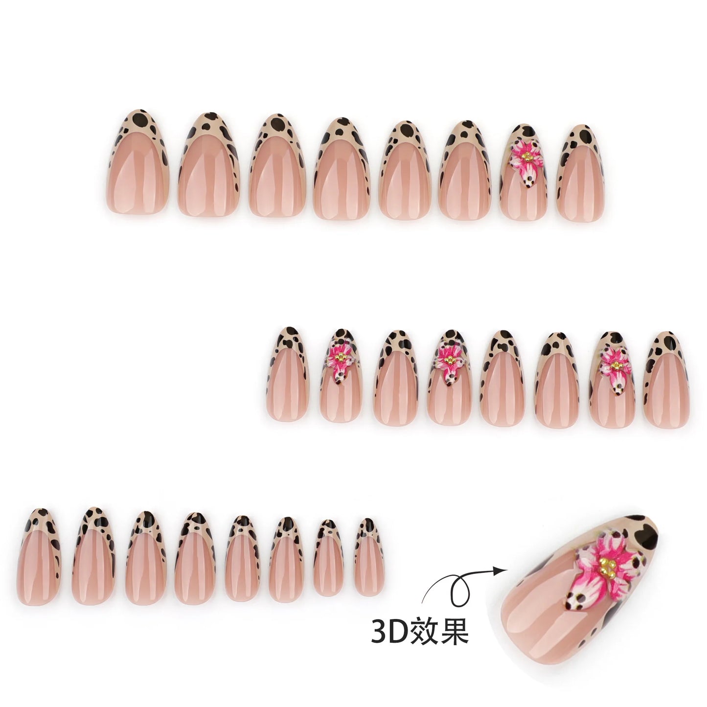 Leopard Print Long Pointed Fake Nails Cherry Flower Star Love Heart Ballet False Nails Art Charms Almond Press on Nails Manicure