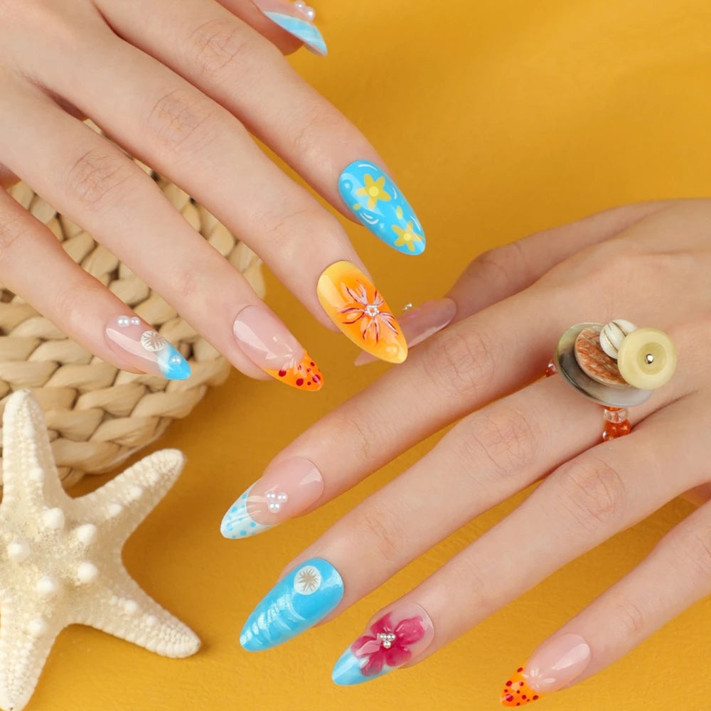 3D Clear Shell Pattern Silver Glitter French Nail Art Summer Fashion False Nails Detachable Finished Fake Nails Press on Nails