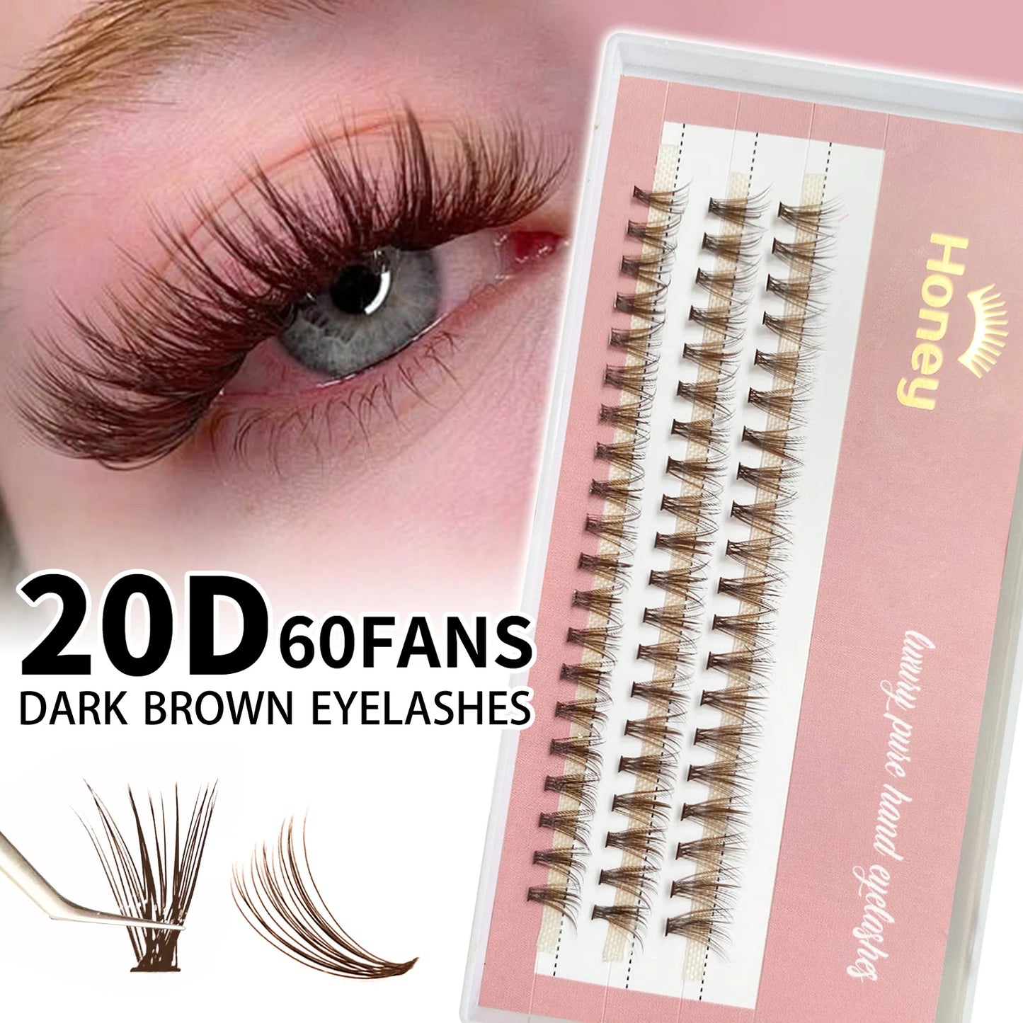 Honey Eyelash 20P Brown Cluster Lashes Extensions DIY Premade Volume Fans Eyelashes