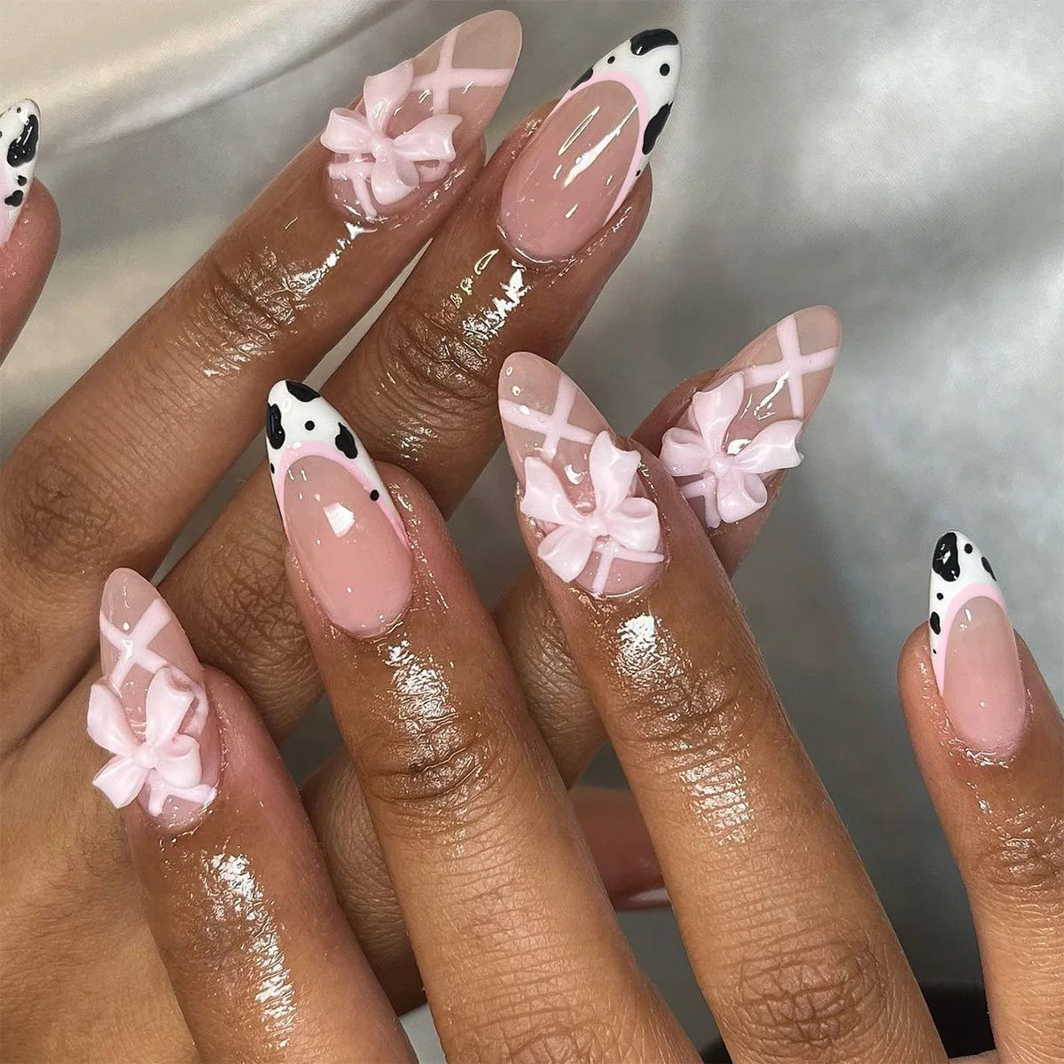 24pcs Women'S Nail Set Burgundy Almond Shape Medium Length Solid Color with Floral Golden Dust Design Fake Nails for Women/Girls