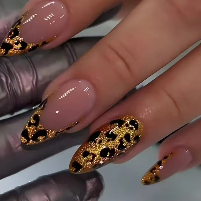 24pcs Women'S Nail Set Burgundy Almond Shape Medium Length Solid Color with Floral Golden Dust Design Fake Nails for Women/Girls
