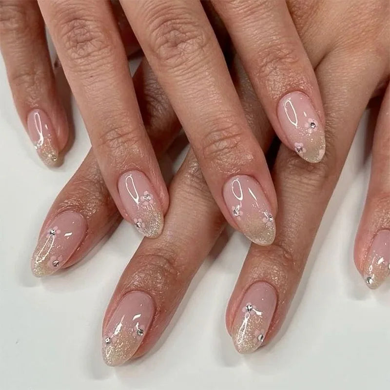 24pcs Women'S Nail Set Burgundy Almond Shape Medium Length Solid Color with Floral Golden Dust Design Fake Nails for Women/Girls