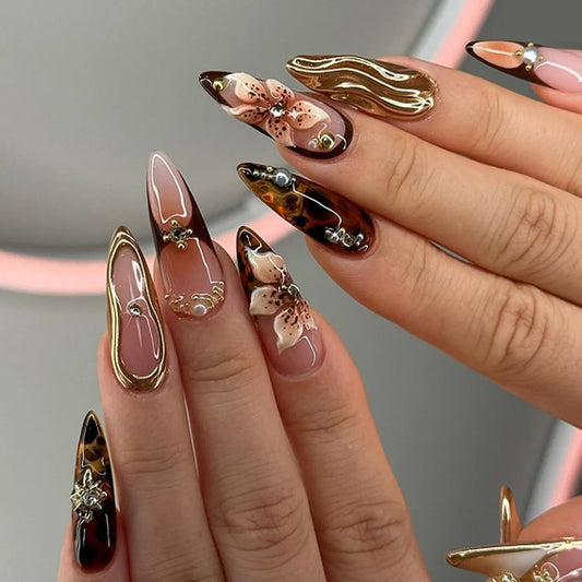24 Pcs/set Soft Acrylic 3647 3D Flower Maillard Tortoiseshell and Cross Short Almond Shape Press on Nails Artificial Fingernails