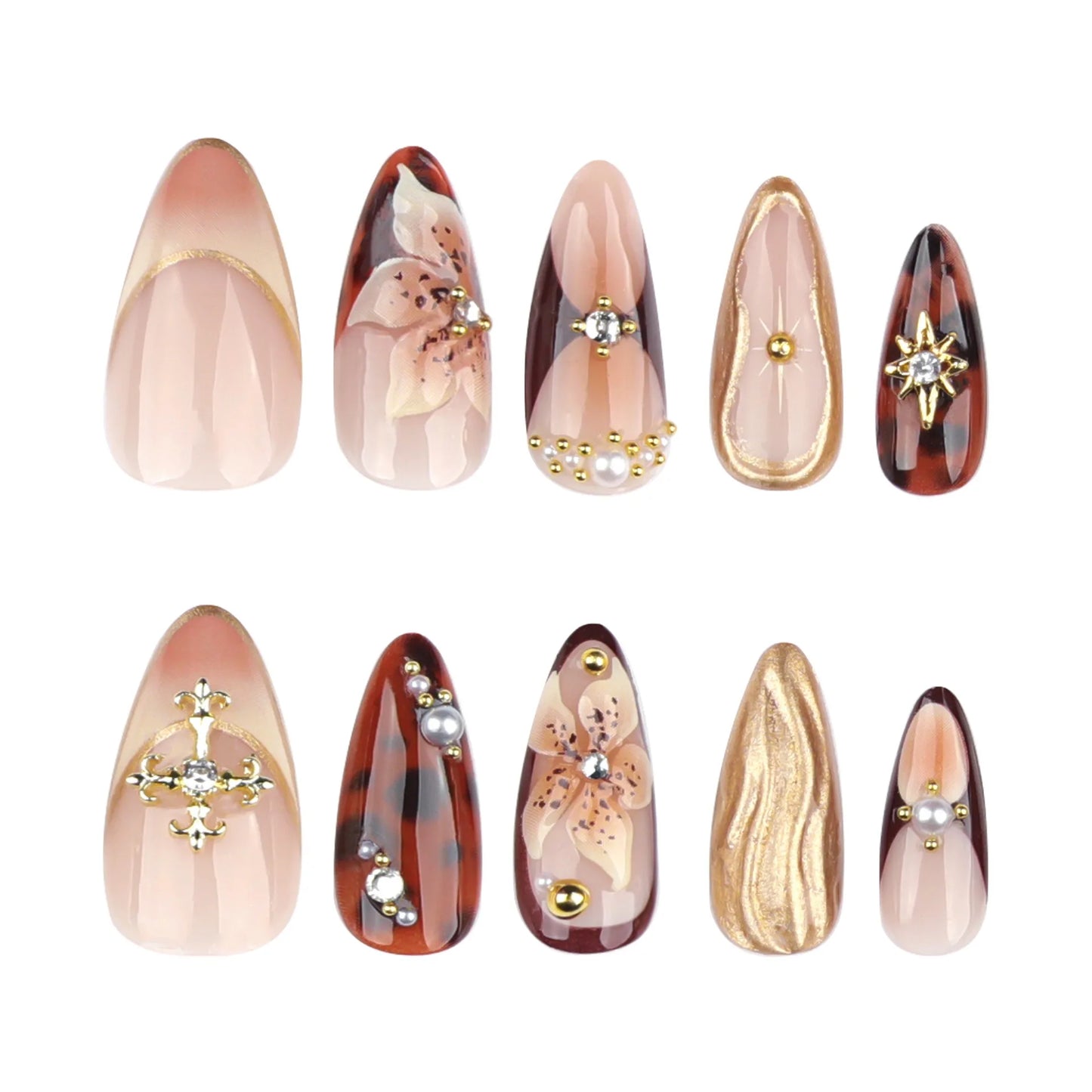 24 Pcs/set Soft Acrylic 3647 3D Flower Maillard Tortoiseshell and Cross Short Almond Shape Press on Nails Artificial Fingernails