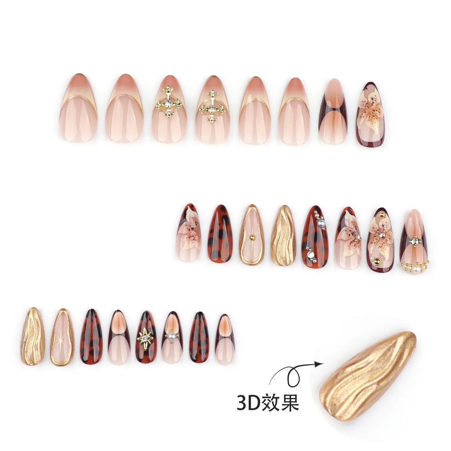 24 Pcs/set Soft Acrylic 3647 3D Flower Maillard Tortoiseshell and Cross Short Almond Shape Press on Nails Artificial Fingernails