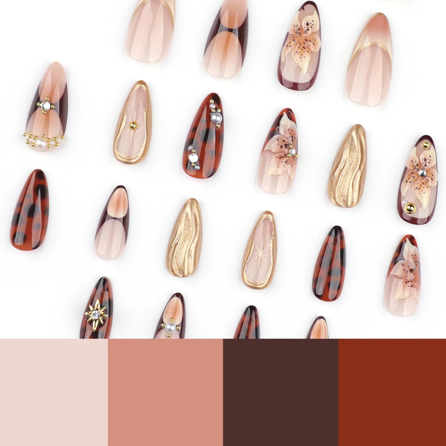 24 Pcs/set Soft Acrylic 3647 3D Flower Maillard Tortoiseshell and Cross Short Almond Shape Press on Nails Artificial Fingernails