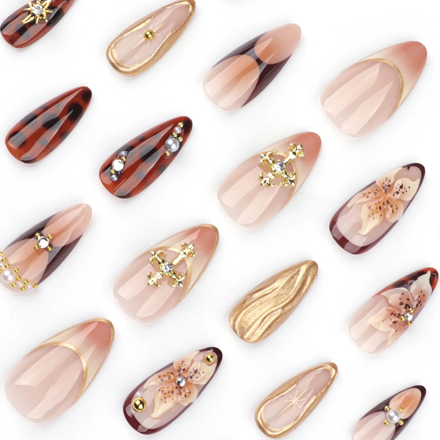 24 Pcs/set Soft Acrylic 3647 3D Flower Maillard Tortoiseshell and Cross Short Almond Shape Press on Nails Artificial Fingernails