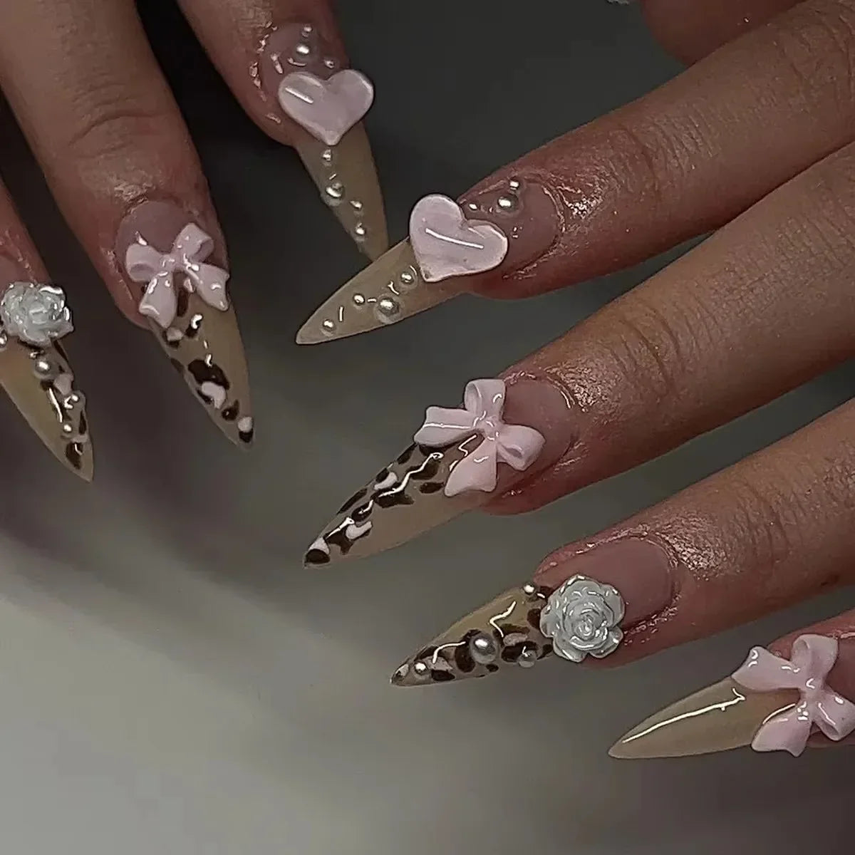Leopard Print Long Pointed Fake Nails Cherry Flower Star Love Heart Ballet False Nails Art Charms Almond Press on Nails Manicure