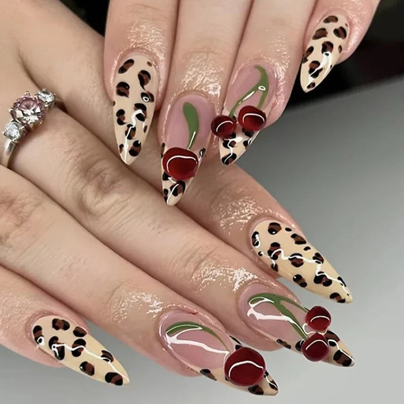Leopard Print Long Pointed Fake Nails Cherry Flower Star Love Heart Ballet False Nails Art Charms Almond Press on Nails Manicure