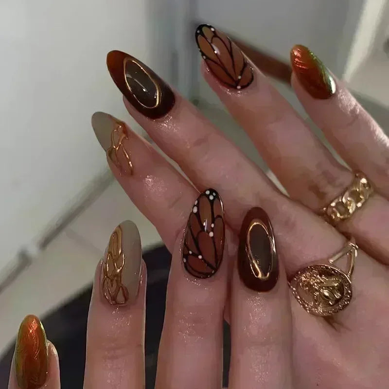 24Pcs Sweet Cool Almond Nail Set Press on Acrylic Nails 3D Floral Butterfly Fake Nail Full Cover French Tip Artificial Nails Art