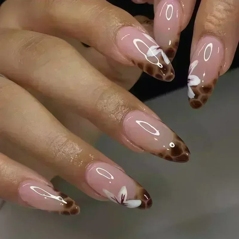 24Pcs Sweet Cool Almond Nail Set Press on Acrylic Nails 3D Floral Butterfly Fake Nail Full Cover French Tip Artificial Nails Art