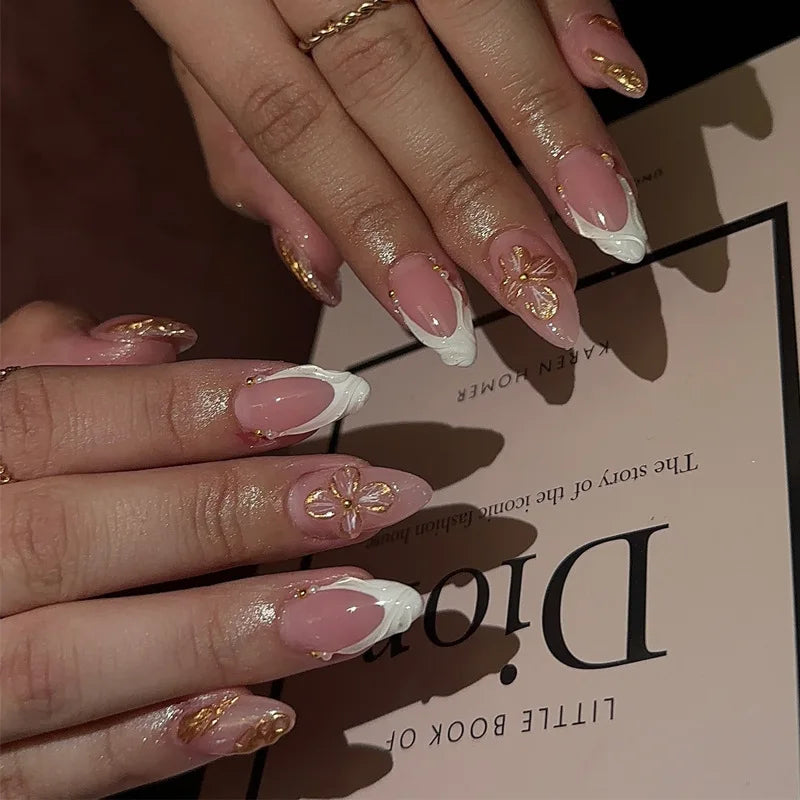 24Pcs Sweet Cool Almond Nail Set Press on Acrylic Nails 3D Floral Butterfly Fake Nail Full Cover French Tip Artificial Nails Art