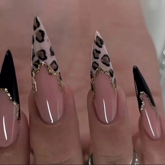 Leopard Print Long Pointed Fake Nails Cherry Flower Star Love Heart Ballet False Nails Art Charms Almond Press on Nails Manicure