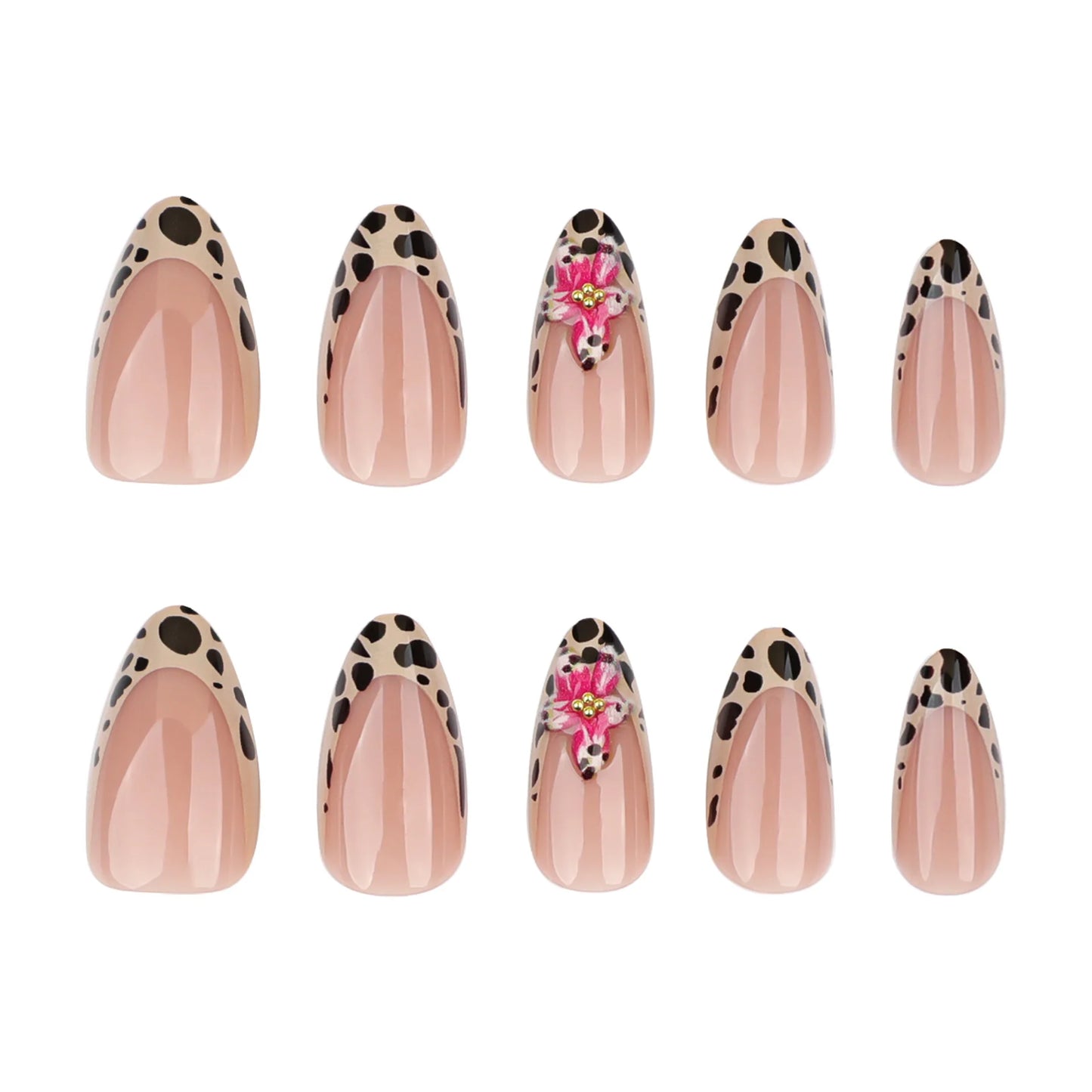 Leopard Print Long Pointed Fake Nails Cherry Flower Star Love Heart Ballet False Nails Art Charms Almond Press on Nails Manicure