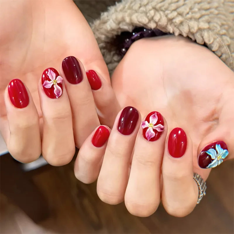 24Pcs Sweet Cool Almond Nail Set Press on Acrylic Nails 3D Floral Butterfly Fake Nail Full Cover French Tip Artificial Nails Art