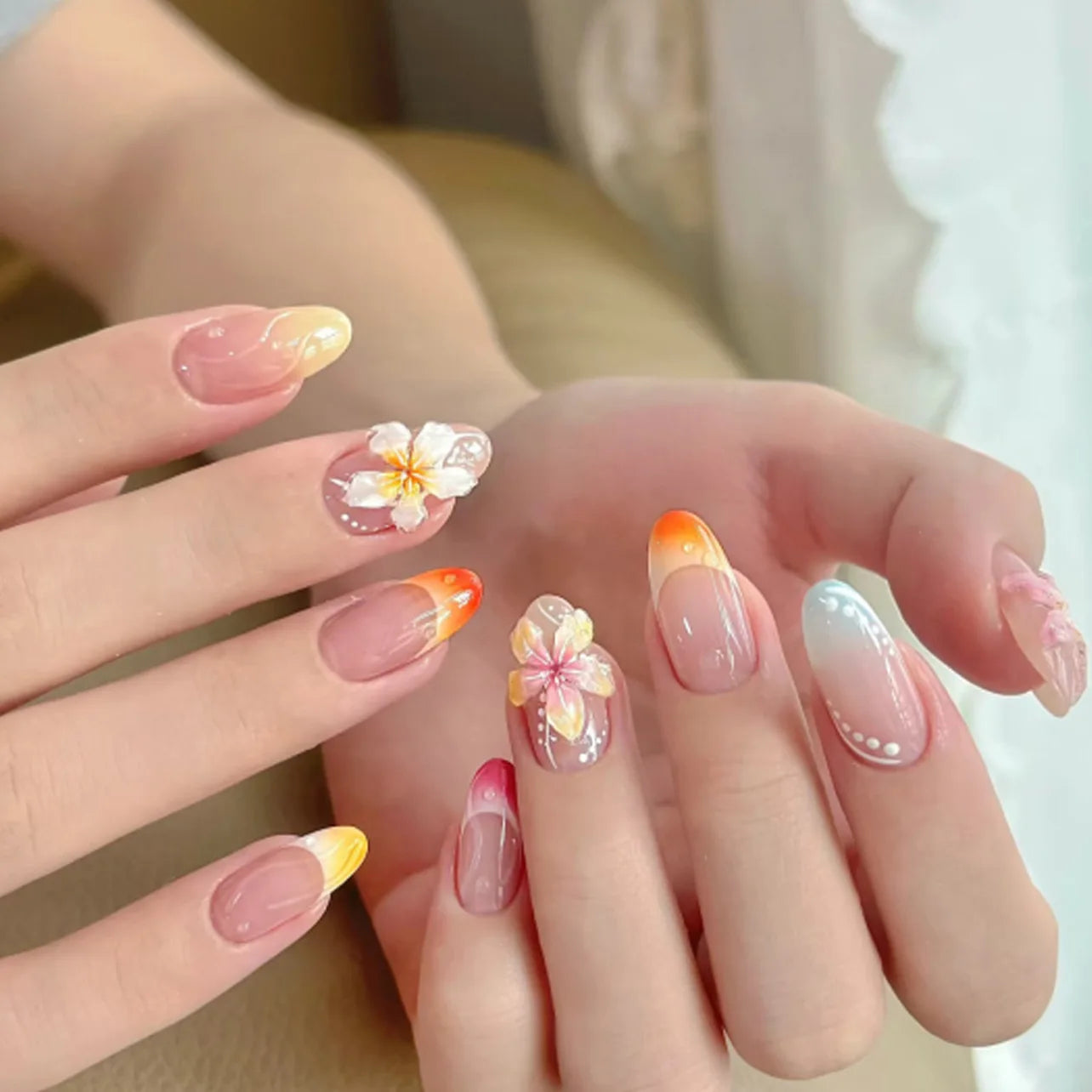 24pcs Women'S Nail Set Burgundy Almond Shape Medium Length Solid Color with Floral Golden Dust Design Fake Nails for Women/Girls