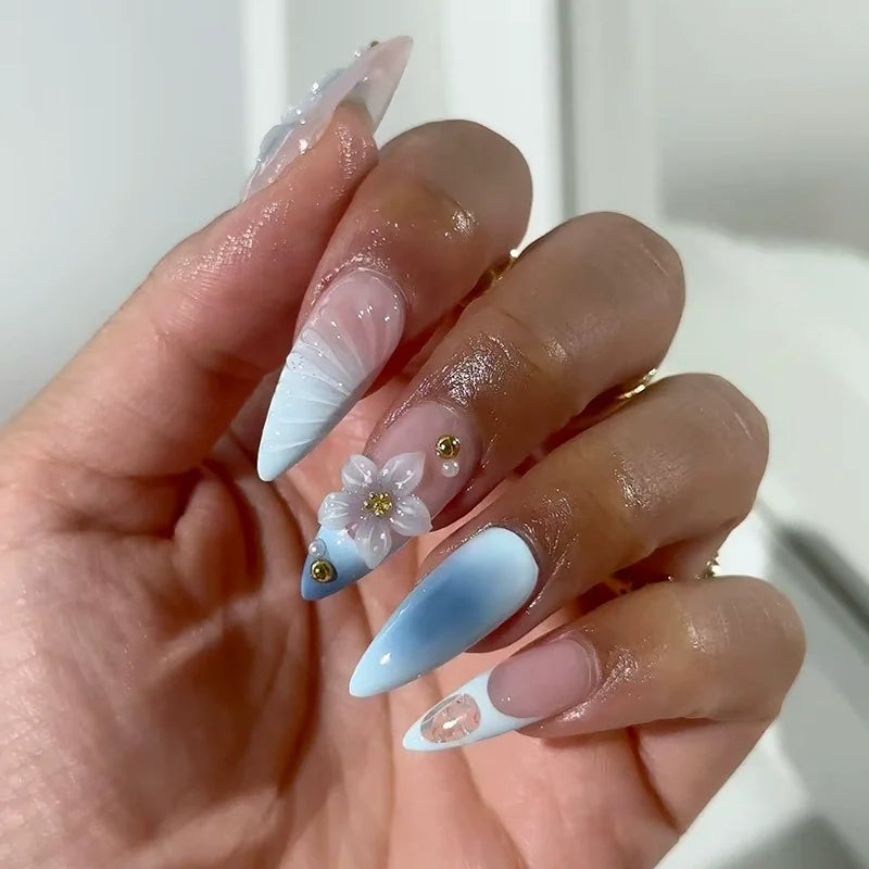 24Pcs Sweet Cool Almond Nail Set Press on Acrylic Nails 3D Floral Butterfly Fake Nail Full Cover French Tip Artificial Nails Art