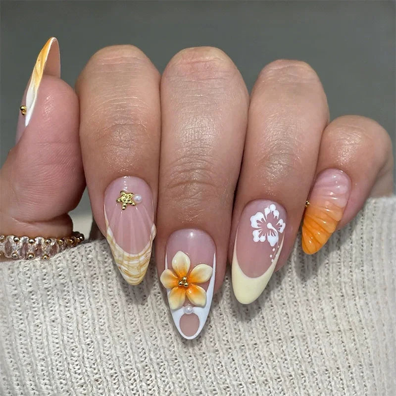 24Pcs Sweet Cool Almond Nail Set Press on Acrylic Nails 3D Floral Butterfly Fake Nail Full Cover French Tip Artificial Nails Art