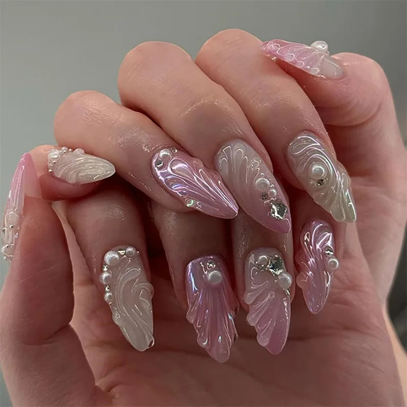 24Pcs Sweet Cool Almond Nail Set Press on Acrylic Nails 3D Floral Butterfly Fake Nail Full Cover French Tip Artificial Nails Art