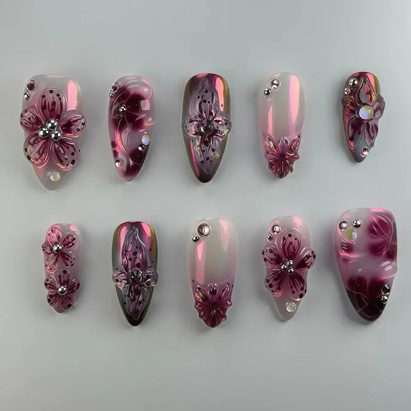 24Pcs Sweet Cool Almond Nail Set Press on Acrylic Nails 3D Floral Butterfly Fake Nail Full Cover French Tip Artificial Nails Art