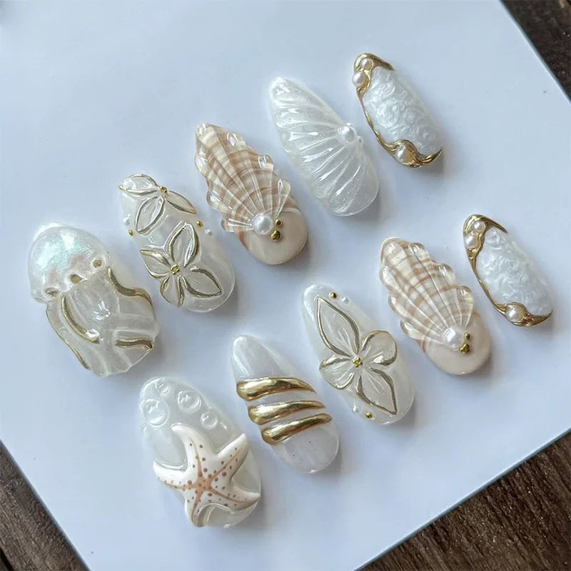 24Pcs Sweet Cool Almond Nail Set Press on Acrylic Nails 3D Floral Butterfly Fake Nail Full Cover French Tip Artificial Nails Art