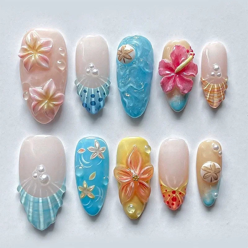 24Pcs Sweet Cool Almond Nail Set Press on Acrylic Nails 3D Floral Butterfly Fake Nail Full Cover French Tip Artificial Nails Art