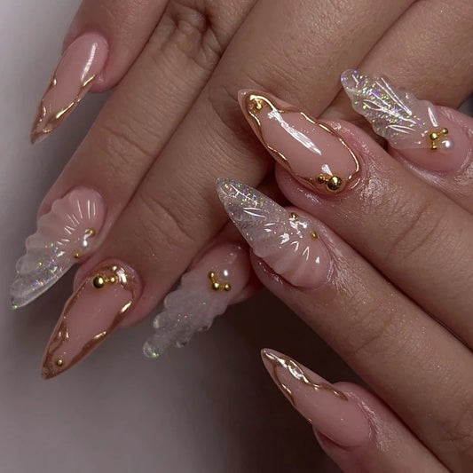 3D Clear Shell Pattern Silver Glitter French Nail Art Summer Fashion False Nails Detachable Finished Fake Nails Press on Nails