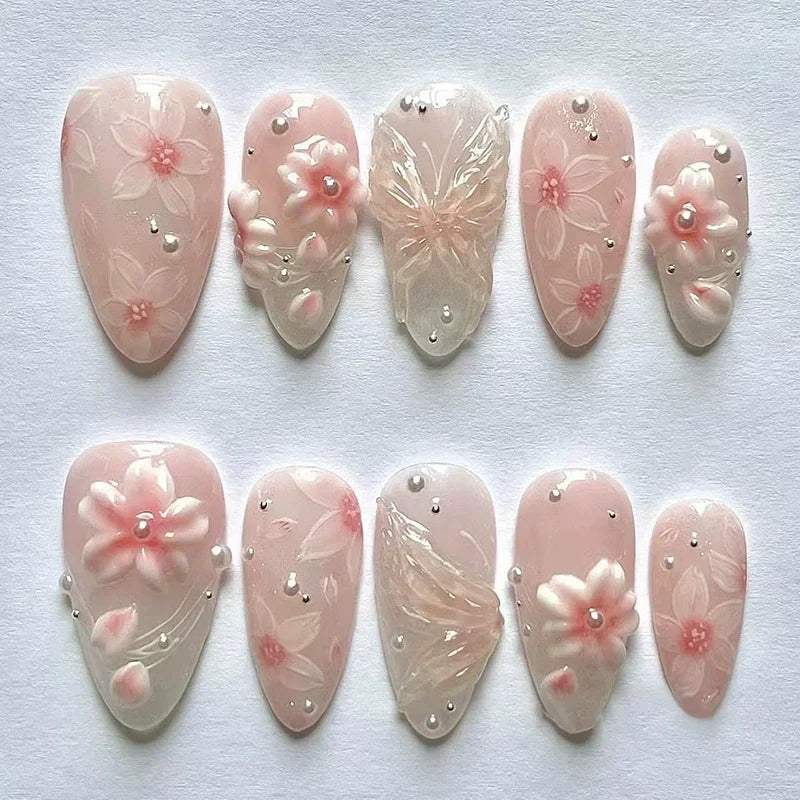 24Pcs Sweet Cool Almond Nail Set Press on Acrylic Nails 3D Floral Butterfly Fake Nail Full Cover French Tip Artificial Nails Art