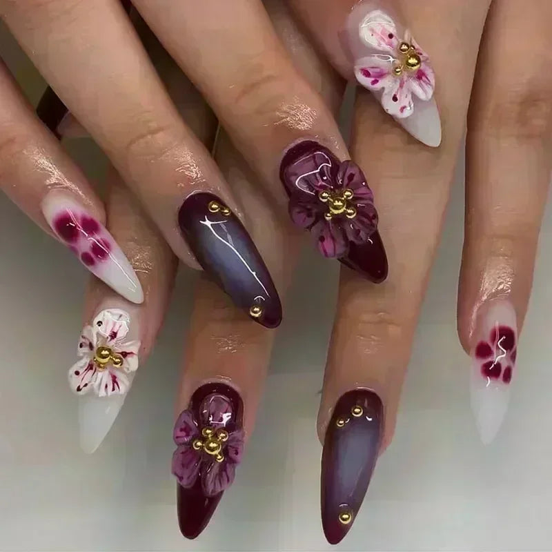 24Pcs Sweet Cool Almond Nail Set Press on Acrylic Nails 3D Floral Butterfly Fake Nail Full Cover French Tip Artificial Nails Art
